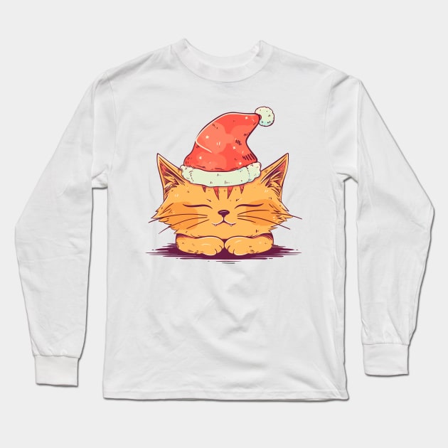 Sleepy cat with santa hat Long Sleeve T-Shirt by Retroprints